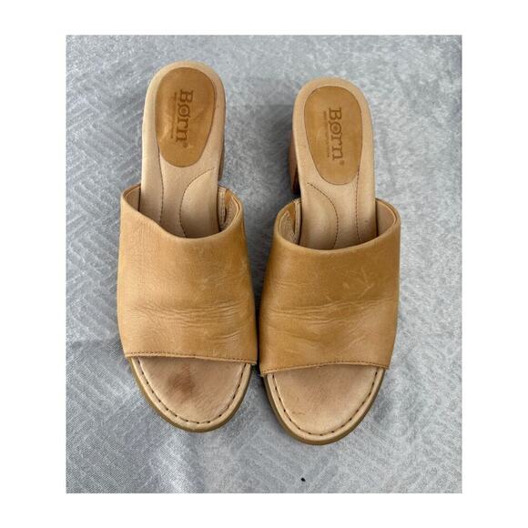 Born Womens Opal Mule Slides Sandals Beige Brown Leather Block Heel Slip On 7 M - Picture 1 of 7